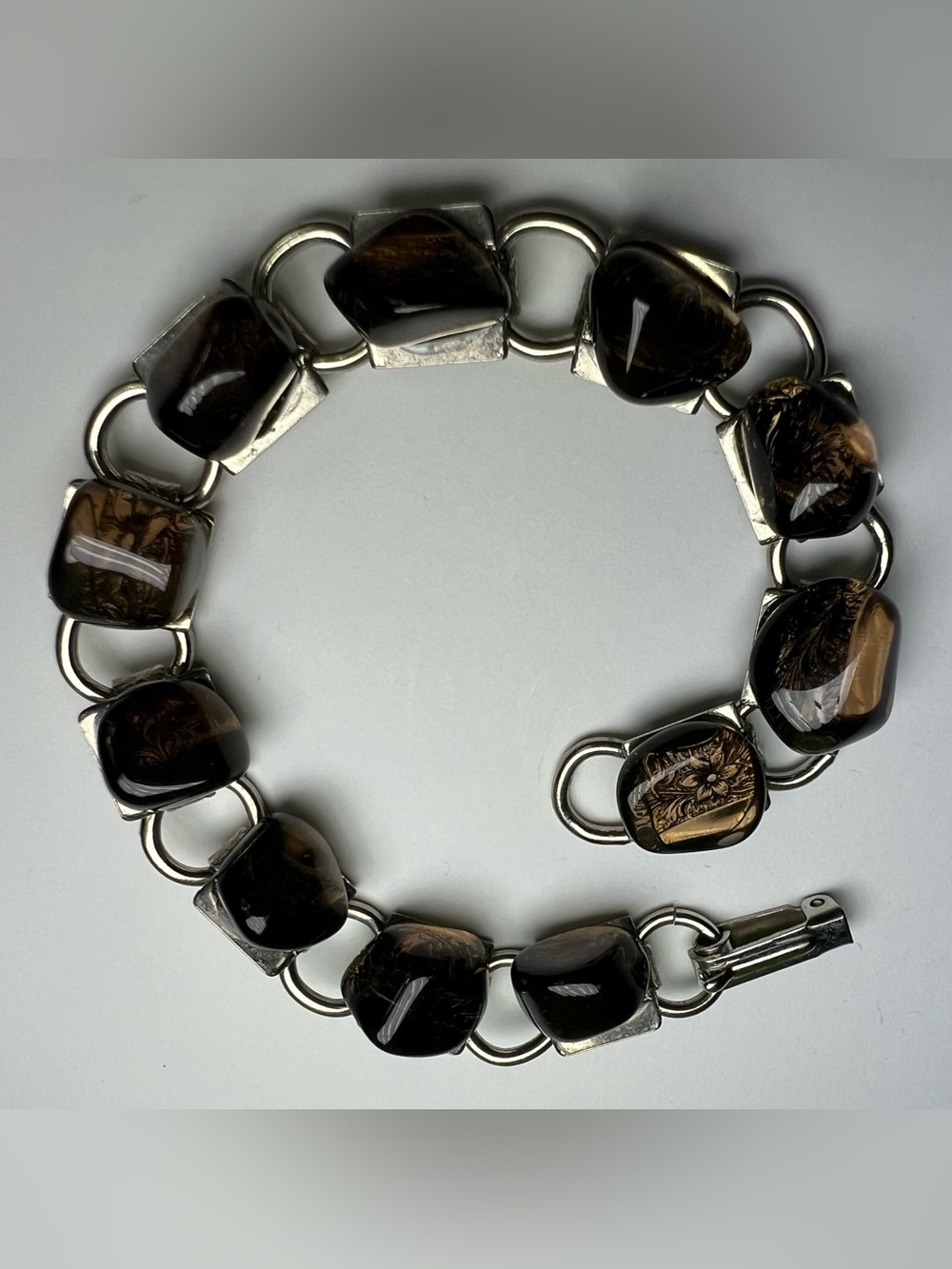 Vtg Silver Tone Natural Smoky Quartz Panel Style Link Bracelet 7” Southwestern